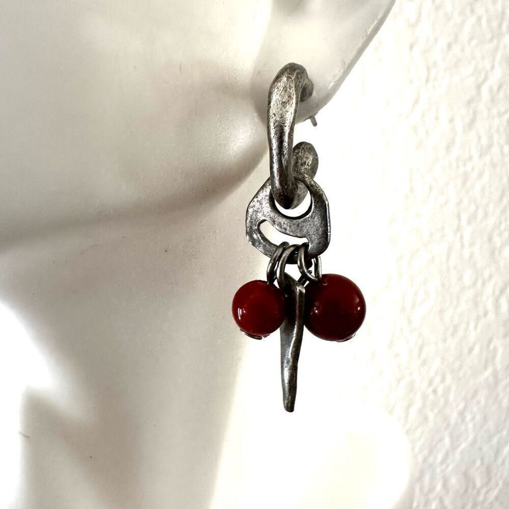 Silver tone orange beaded hoop earrings